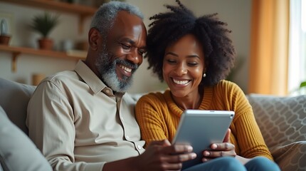 A joyful African American couple sharing a moment while using a tablet at home, radiating warmth and connection.