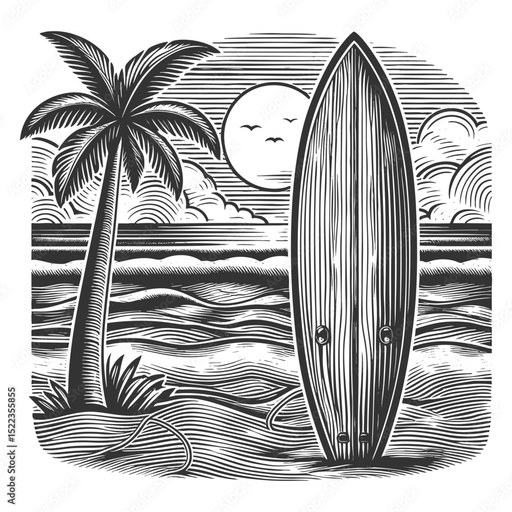 Poster surfboard standing upright on the beach, facing the ocean with rolling waves sketch engraving genera
