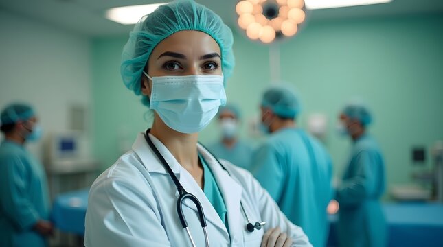 Female doctor in scrubs and mask confidently poses in a surgical setting, with medical team in the background.