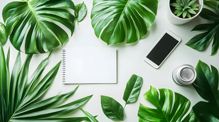 Clean White Office Desk with Green Tropical Leaves Planner and Phone