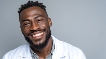Photograph a doctor who embodies both a spark of curiosity and genuine joy. The subjectâ€™s focused gaze and relaxed, warm smile should speak to a passion for discovery and medical advancement.
