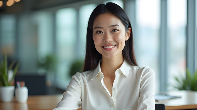 A confident Asian woman in a white blouse smiles warmly at the camera, seated in a modern office setting filled with natural light.
