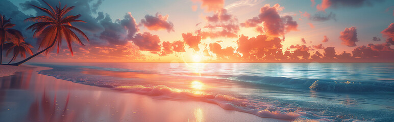 Sunset Over a Tranquil Beach With Vibrant Colors and Palm Trees