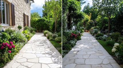 Serene Garden Pathway Surrounded by Colorful Blooms and Greenery