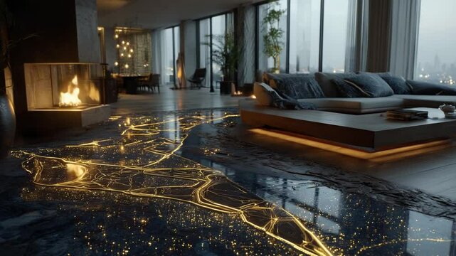 Luxury apartment interior with city view and illuminated floor map design creating elegant ambiance