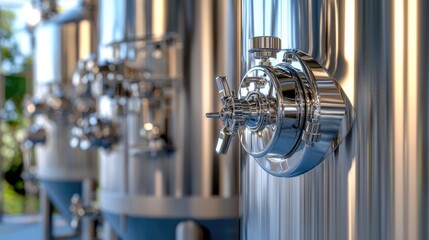Polished Stainless Steel Valve on Brewery Equipment with Reflection