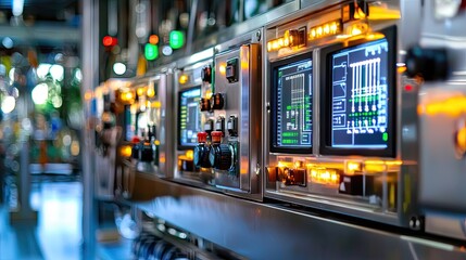 Industrial Control Panel with LED Lights and Monitors in Factory Setting