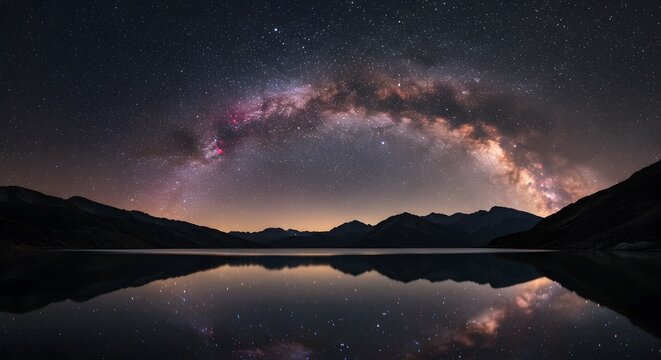 Majestic Milky Way Galaxy Arching Over Serene Mountain Lake at Night