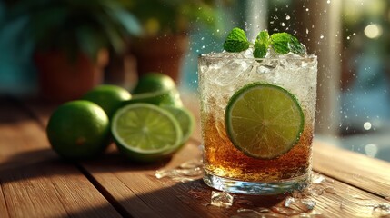 Refreshing lime soda drink in a glass on a wooden surface