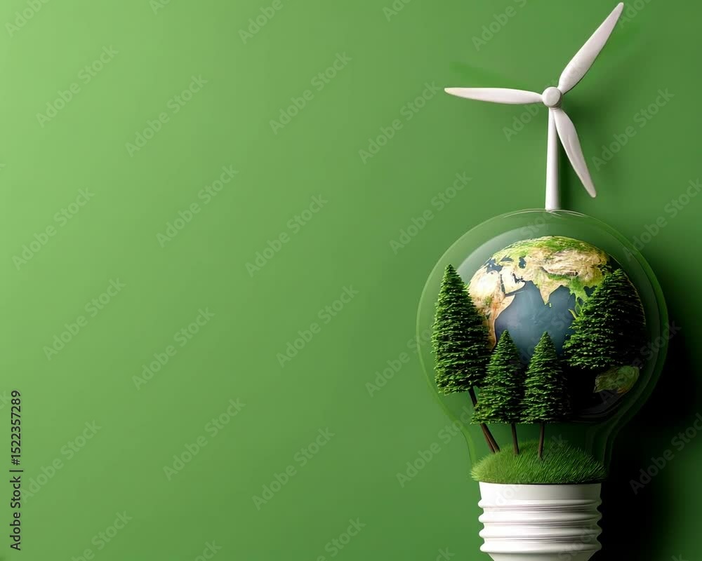 Poster creative concept shows alternative energy source with turbine and globe inside light bulb.