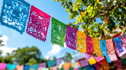 Colorful Papel Picado Decorations Flowing Against Clear Blue Sky