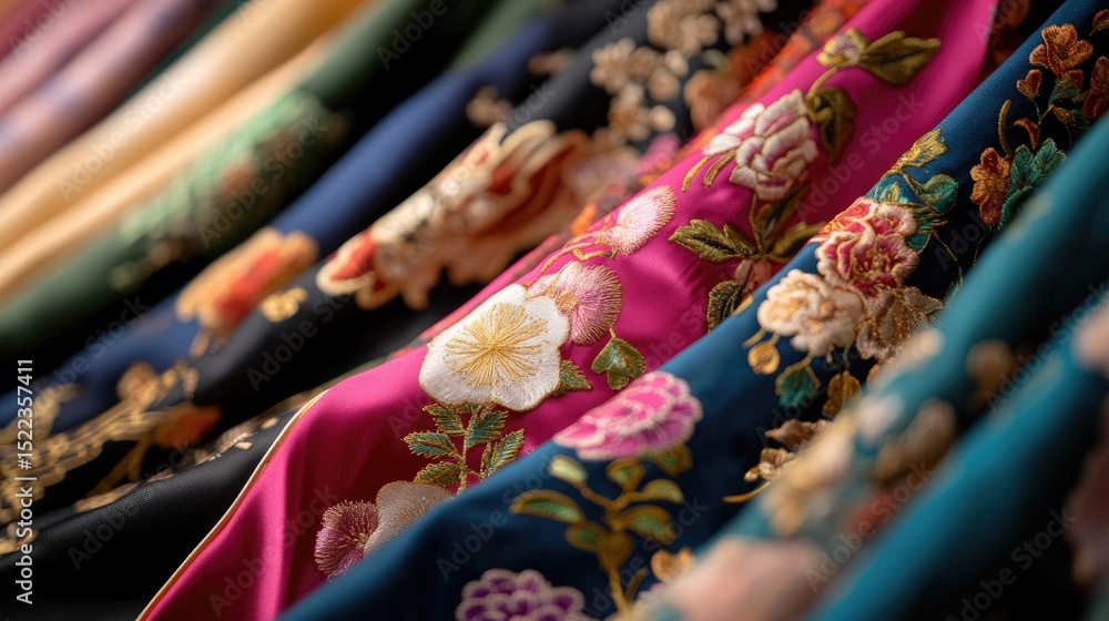 Poster elegant embroidered fabrics display with rich colors and patterns