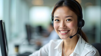 Smiling Asian female call center agent providing customer service in a modern office setting.