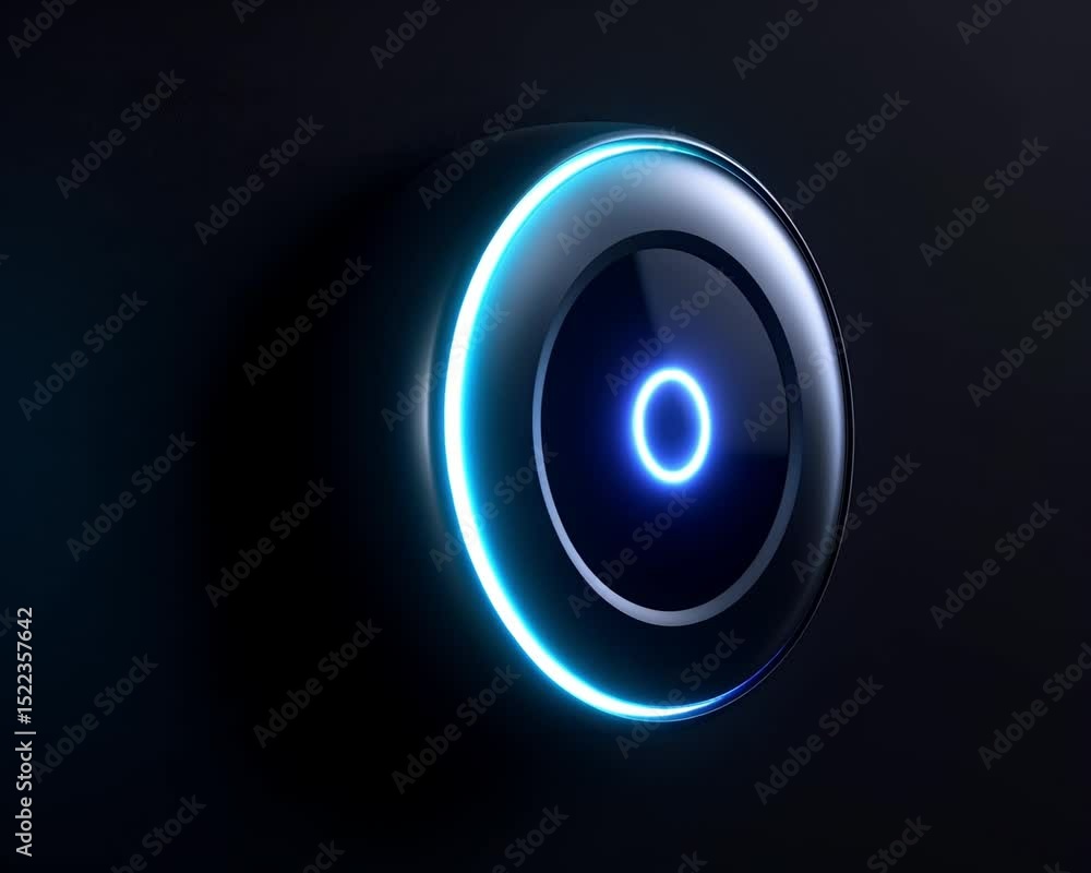 Poster modern device with circular element and neon light detail against a dark background.