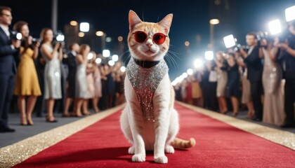 Stylish Cat on Red Carpet Celebrity Feline in Sunglasses Paparazzi Flashing