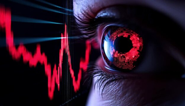 Human eye reflects digital chart representing vision and insight into data analysis.