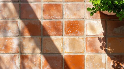 Rustic Terracotta Tiles with Shadow and Green Plant Decoration