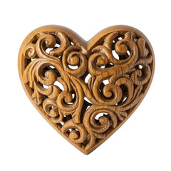 Isolated Wooden Heart with Carved Ornament on Transparent Background