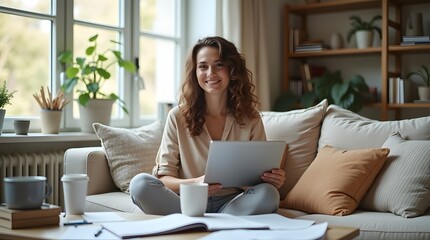 Obraz premium Smiling young woman with curly hair sitting comfortably on a couch, working on a laptop in a cozy living room setting.