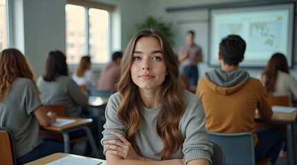 A young Caucasian woman sits confidently in a classroom, engaged and ready to learn, with classmates focused on the instructor in the background.