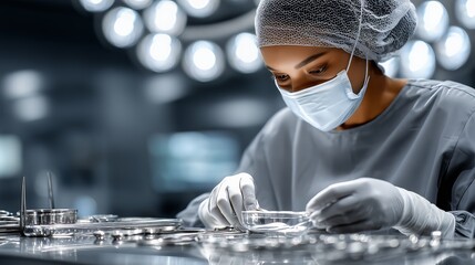 Female surgeon preparing sterile surgical instruments, wearing protective medical attire, standing near bright operating room lights ready for complex procedure