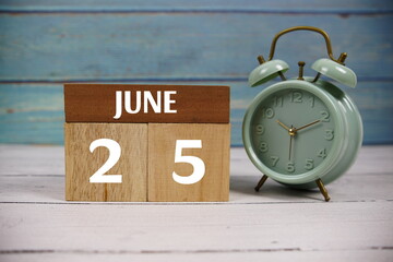 Wooden Calendar Showing the Date of June 25th. Day 25 of June Month