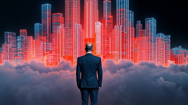 A Man's Vision: Futuristic Cityscape Above Clouds
