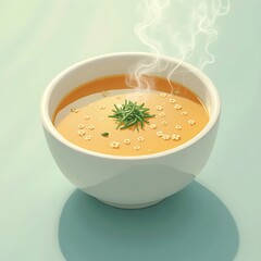 Serving Hot Soup in White Bowl with Herb Garnish and Small Pasta
