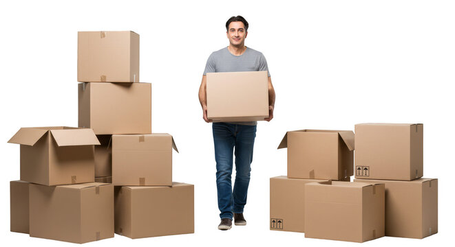 Man Carrying Stack of Cardboard Moving Boxes On Transparent Background