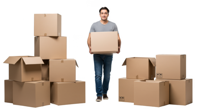 Man Carrying Stack of Cardboard Moving Boxes On Transparent Background