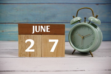Wooden Calendar Showing the Date of June 27th. Day 27 of June Month