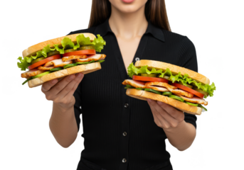 Photo of Woman Holds Two Sandwiches With Tomato and Lettuce in Isolated Background