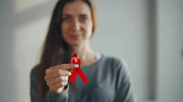 A woman holding a red ribbon for world aids day on December - Powered by Adobe