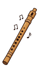 Pixel Art Illustration of Wooden Flute with Music Notes on Transparent