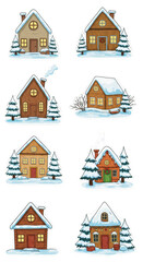 Pixel Art Snowy Houses and Christmas Tree Illustration in Winter Season