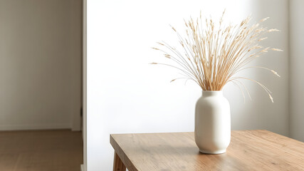 Modern white ceramic vase with dried grass on a wooden table. Scandinavian interior design. Empty white wall. Space for writing text.