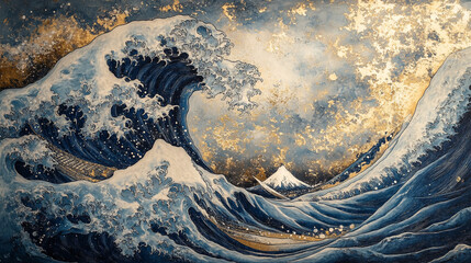 Dramatic ocean wave art with mount fuji background golden texture impressive blue.