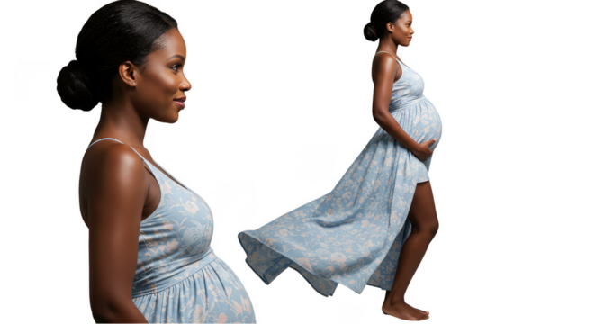 Portrait Of Pregnant Woman In Blue Dress Standing Transparent Background