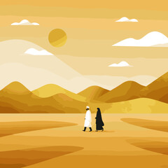 The image depicts a peaceful desert scene with a palm tree, where a man and a woman in traditional Islamic attire stand facing each other. The background features a soft, warm sunset with gentle cloud
