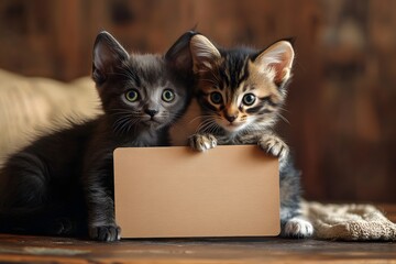 puppy and kitten together holding a blank rectangular sign in front of them, indoor cozy setting, warm lighting
