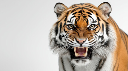 Obraz premium Fierce tiger with striking orange and black stripes, showcasing its powerful presence and sharp teeth, exuding sense of strength and intensity