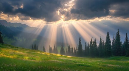 Sunlight piercing clouds over a meadow
