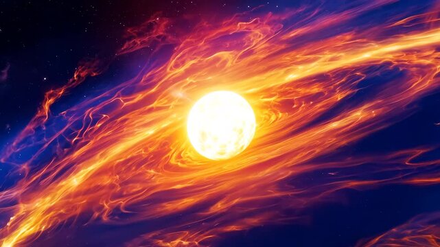 Animation of Vivid orange-purple nebula gas clouds spiraling around radiant stellar core, displaying cosmic evolutionary dynamics