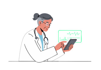 A doctor analyzes sleep data on a tablet, peacefully resting. Modern illustration showcasing healthcare technology and wellness. Clean, blue background.