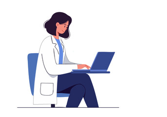 A female doctor reviews data on a laptop, surrounded by digital charts and graphs. Modern, professional, and visually engaging.