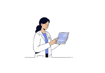 A female doctor reviews patient blood pressure data on a tablet. Modern medical illustration with a soft, blue color palette. Clean, professional design.