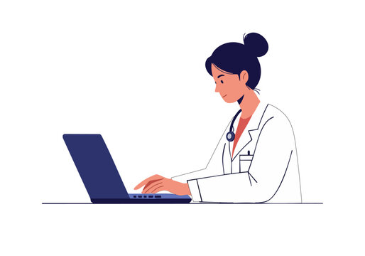 A female doctor reviews data on a laptop, showcasing a modern healthcare workflow. Clean, professional, and visually appealing for business and medical themes.