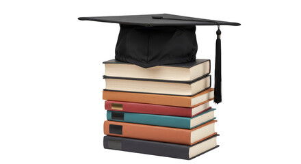 Stack Of Books Under Academic Graduation Mortarboard Cap On Isolated Background