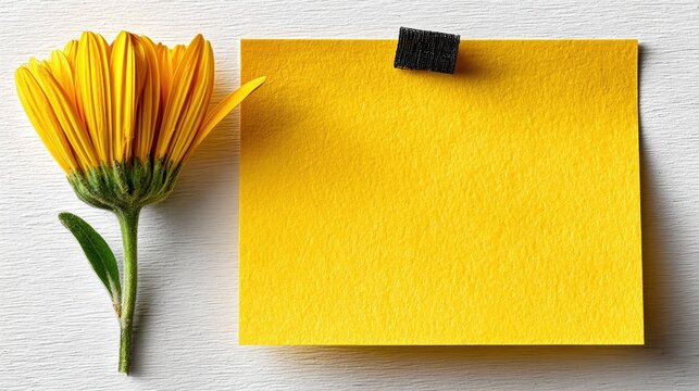 Single yellow flower and note on wood surface, great for personal messages or spring-themed content