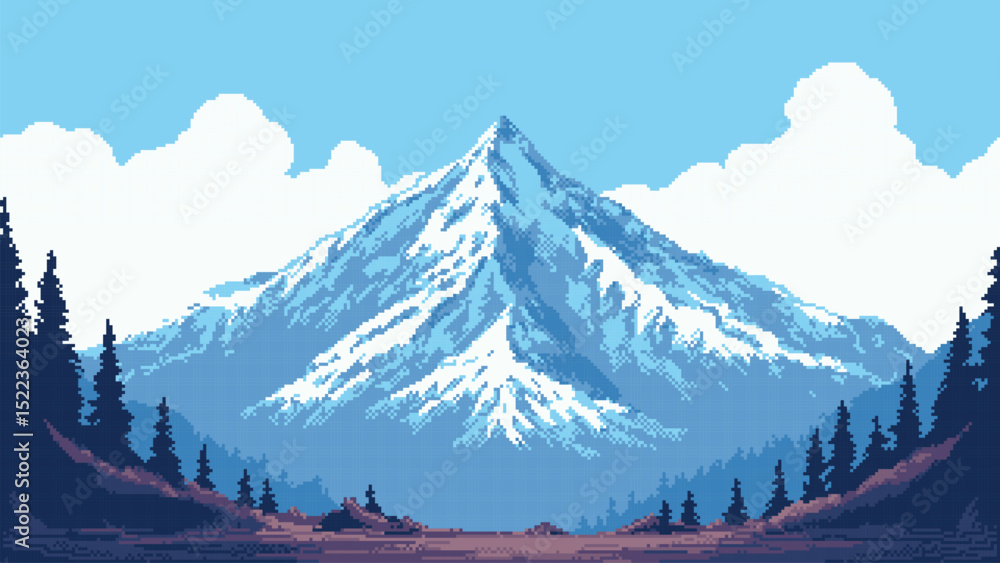 Poster 8-bit pixel art game level background. 2D retro video game graphics. vector illustration. snow-capped mountain range with pine trees. blue sky with white clouds. game assets. 
